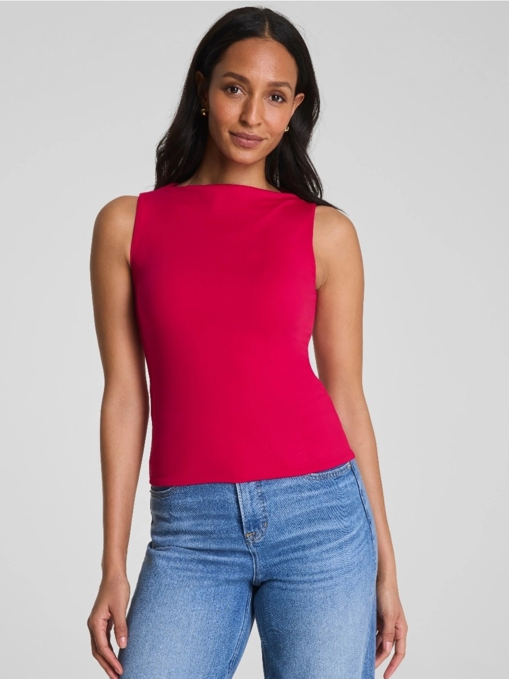 SPANX Sleeveless Boatneck Tank Top in Red Pink High Neck Jersey Smooth Sz S
